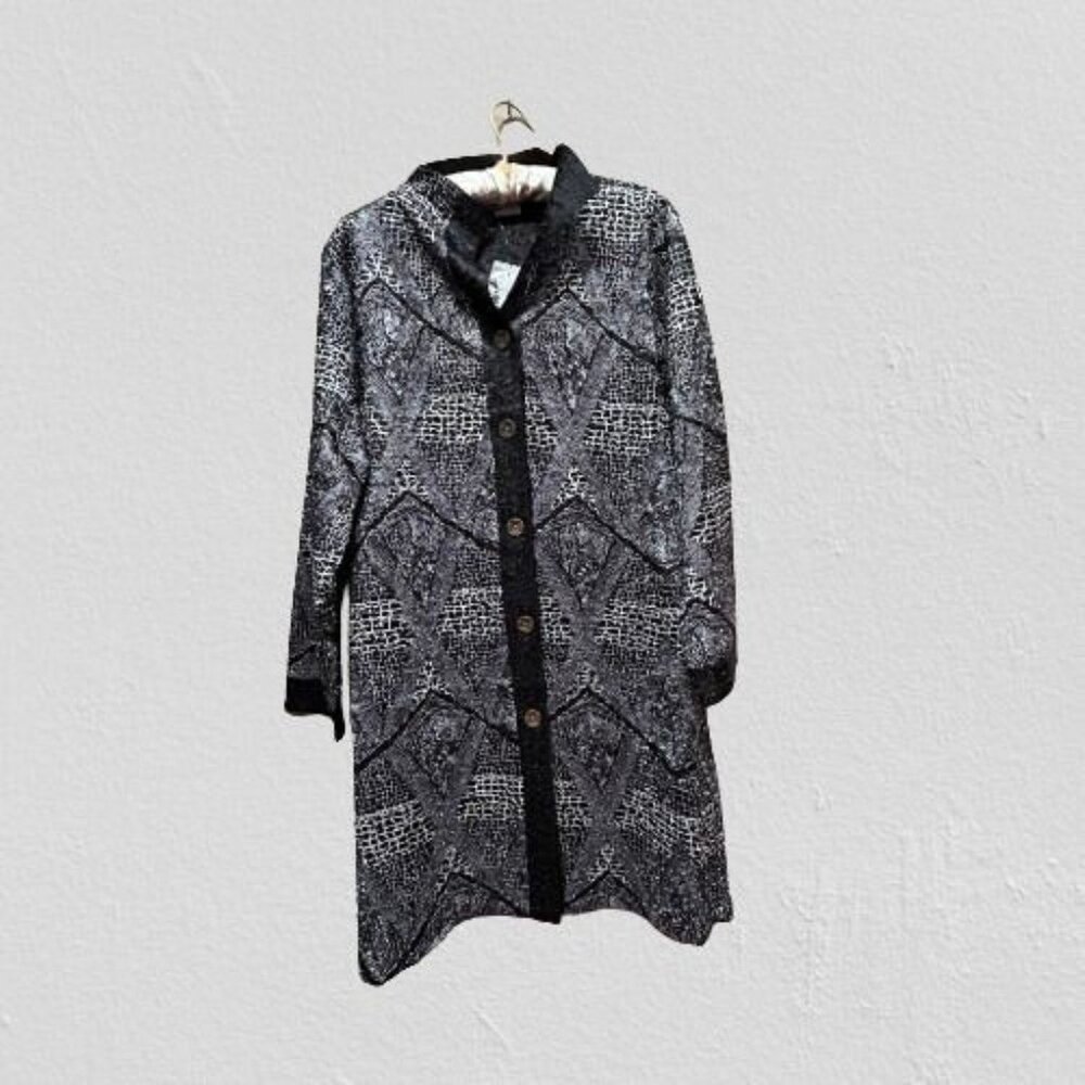 New Rossi Roma Womens Large Black White Crinkle Shirt Dress Jacket Button-Front